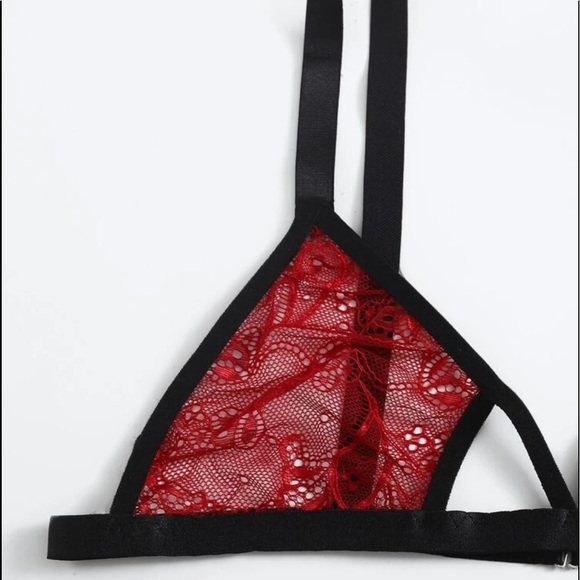 Red & Black Mesh Sheer Bra & Thong Lingerie Set - Picture 3 of 5